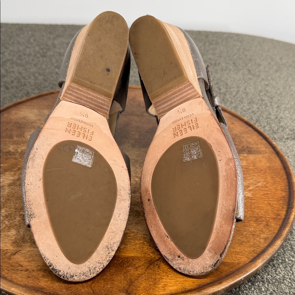 Eileen Fisher Sandals Wm 9.5 Iris Metallic Silver Leather Block Heel Pewter - Picture 9 of 14